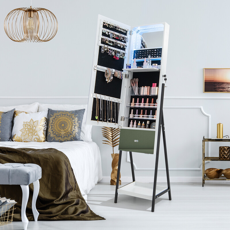 Smykkeskab hvid låsbar med spejl og LED-belysning 41x35x166 cm