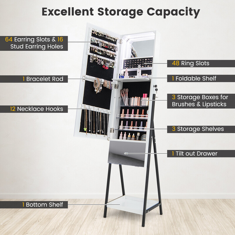 Smykkeskab hvid låsbar med spejl og LED-belysning 41x35x166 cm