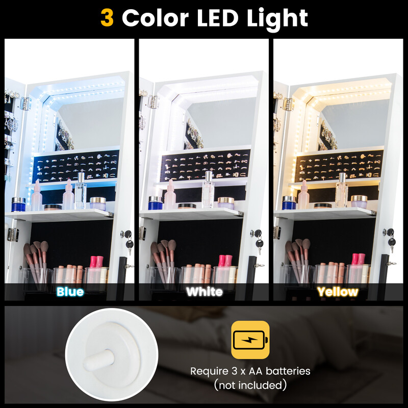 Smykkeskab hvid låsbar med spejl og LED-belysning 41x35x166 cm