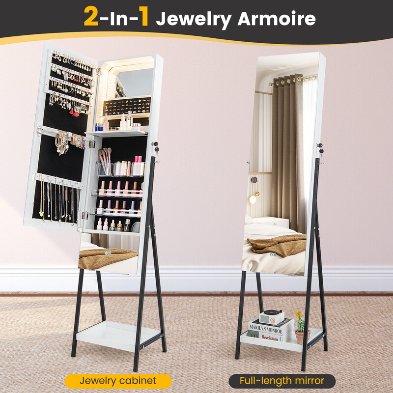 Smykkeskab hvid låsbar med spejl og LED-belysning 41x35x166 cm