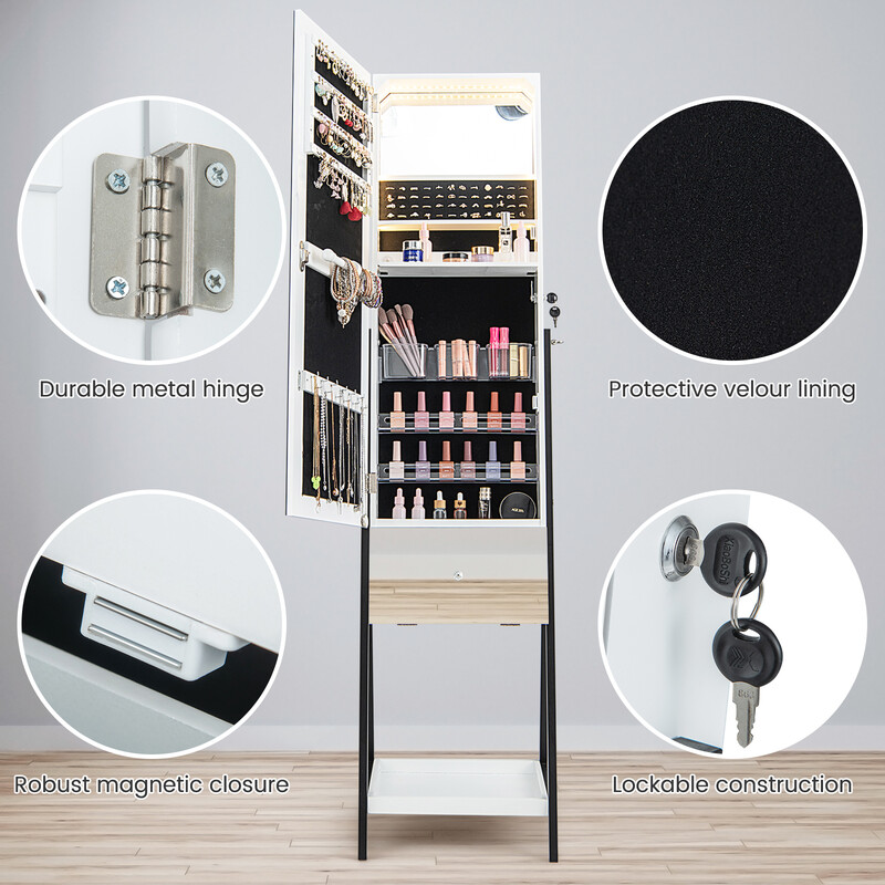 Smykkeskab hvid låsbar med spejl og LED-belysning 41x35x166 cm