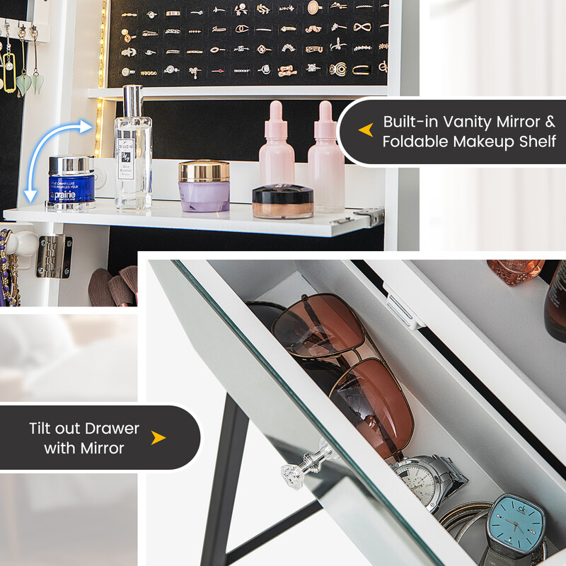 Smykkeskab hvid låsbar med spejl og LED-belysning 41x35x166 cm