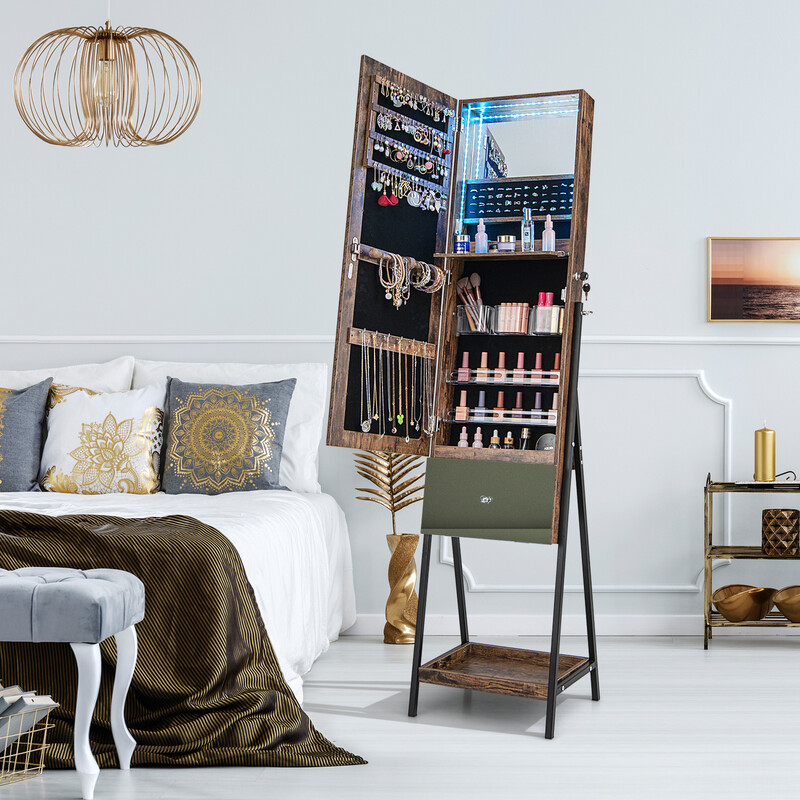 Smykkeskab brun med spejl LED-belysning lås 41x35x166 cm