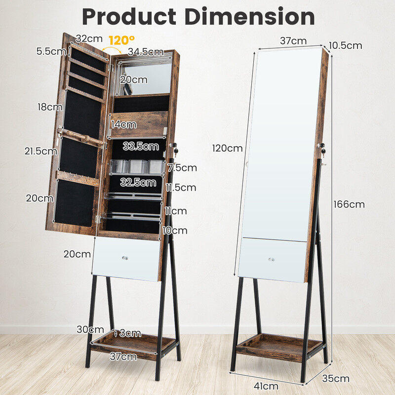 Smykkeskab brun med spejl LED-belysning lås 41x35x166 cm