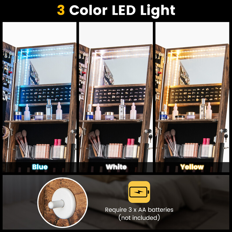 Smykkeskab brun med spejl LED-belysning lås 41x35x166 cm