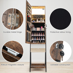 Smykkeskab brun med spejl LED-belysning lås 41x35x166 cm