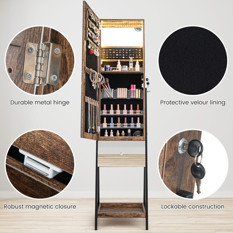 Smykkeskab brun med spejl LED-belysning lås 41x35x166 cm