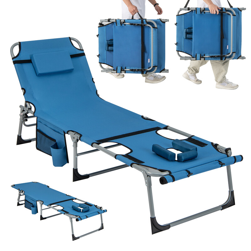 Blå sammenklappelig liggestol med 5 ryglæn 2 fodstøttepositioner 600D oxford