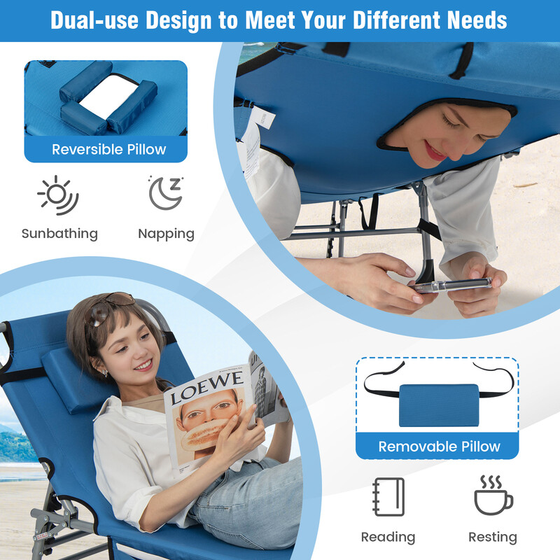 Blå sammenklappelig liggestol med 5 ryglæn 2 fodstøttepositioner 600D oxford