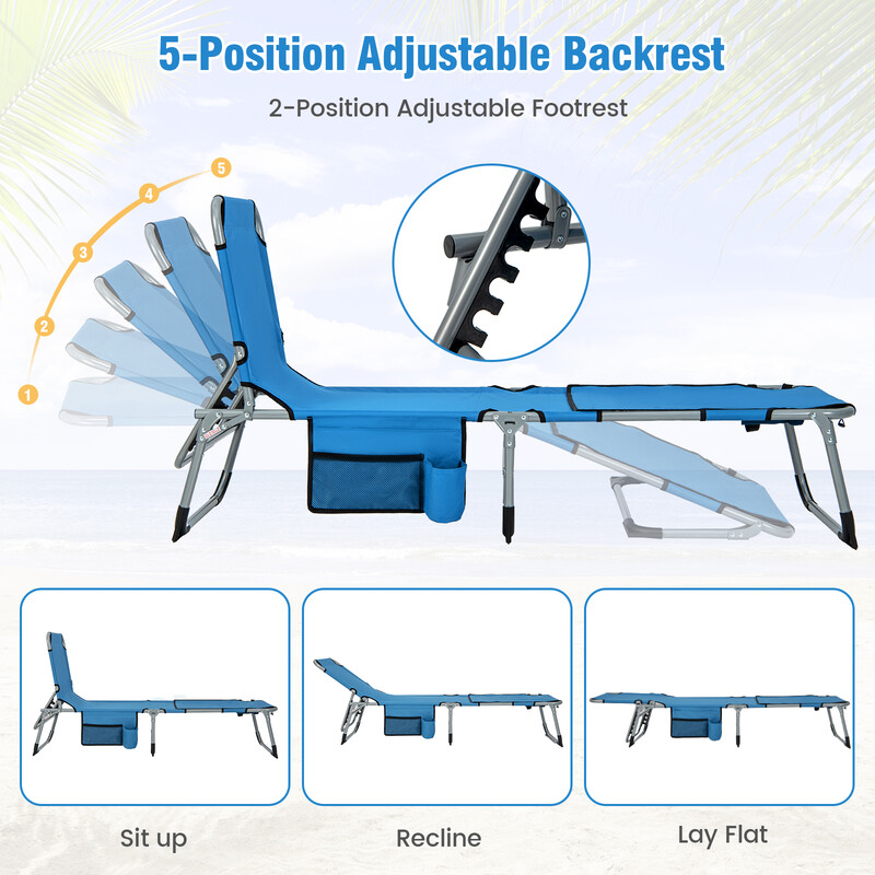 Blå sammenklappelig liggestol med 5 ryglæn 2 fodstøttepositioner 600D oxford