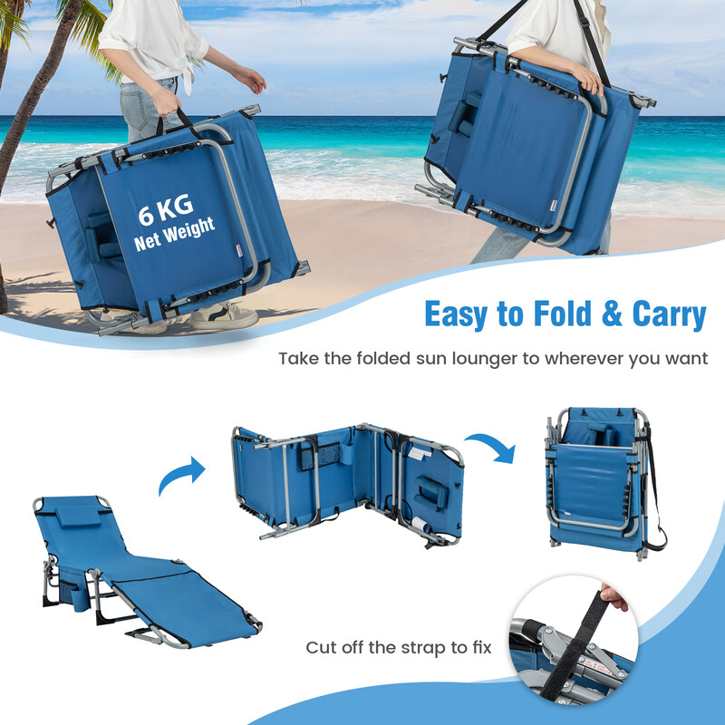 Blå sammenklappelig liggestol med 5 ryglæn 2 fodstøttepositioner 600D oxford