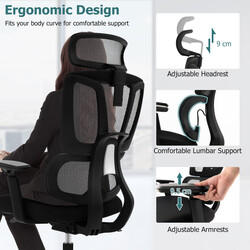 Kontorstol ergonomisk N‑formet lænderygstøtte sort justerbart nakkestøtte justerbar højde