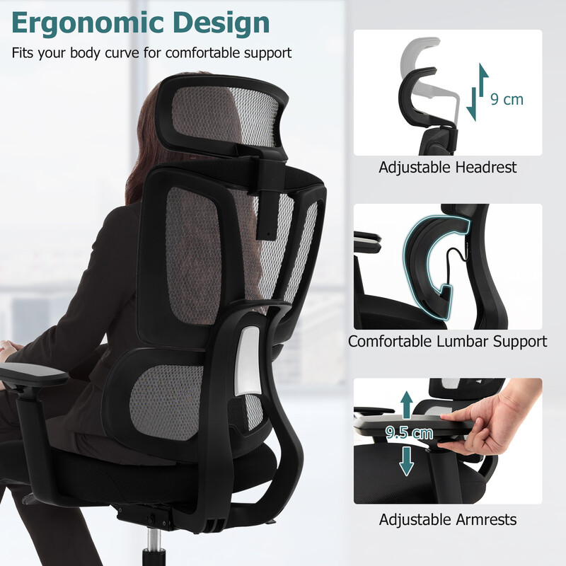 Kontorstol ergonomisk N‑formet lænderygstøtte sort justerbart nakkestøtte justerbar højde