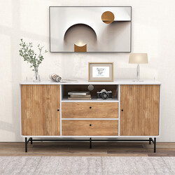 Buffé-sideboard hvid eg 150x45x74 cm med 5 hylder og 2 skuffer