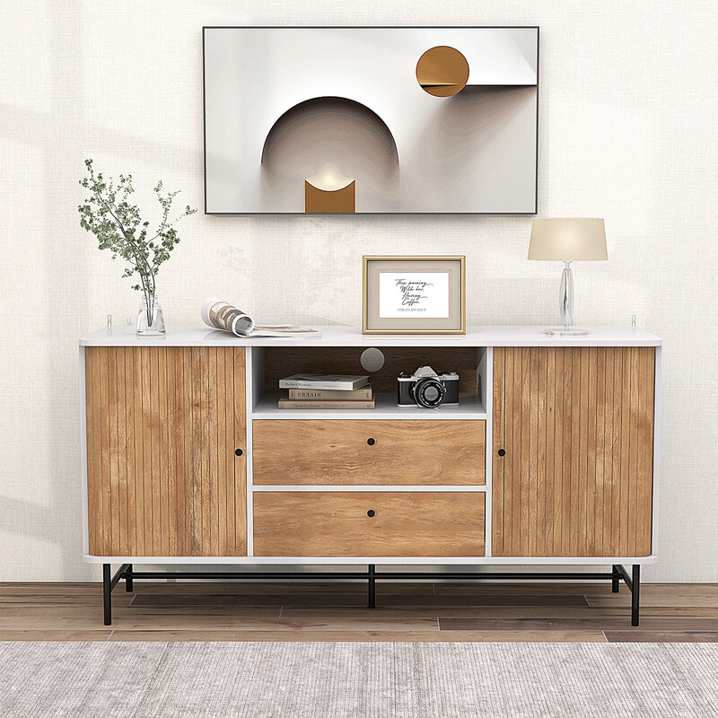 Buffé-sideboard hvid eg 150x45x74 cm med 5 hylder og 2 skuffer