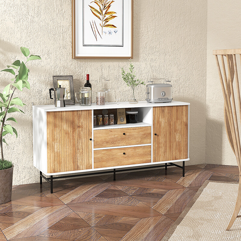 Buffé-sideboard hvid eg 150x45x74 cm med 5 hylder og 2 skuffer