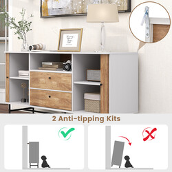 Buffé-sideboard hvid eg 150x45x74 cm med 5 hylder og 2 skuffer