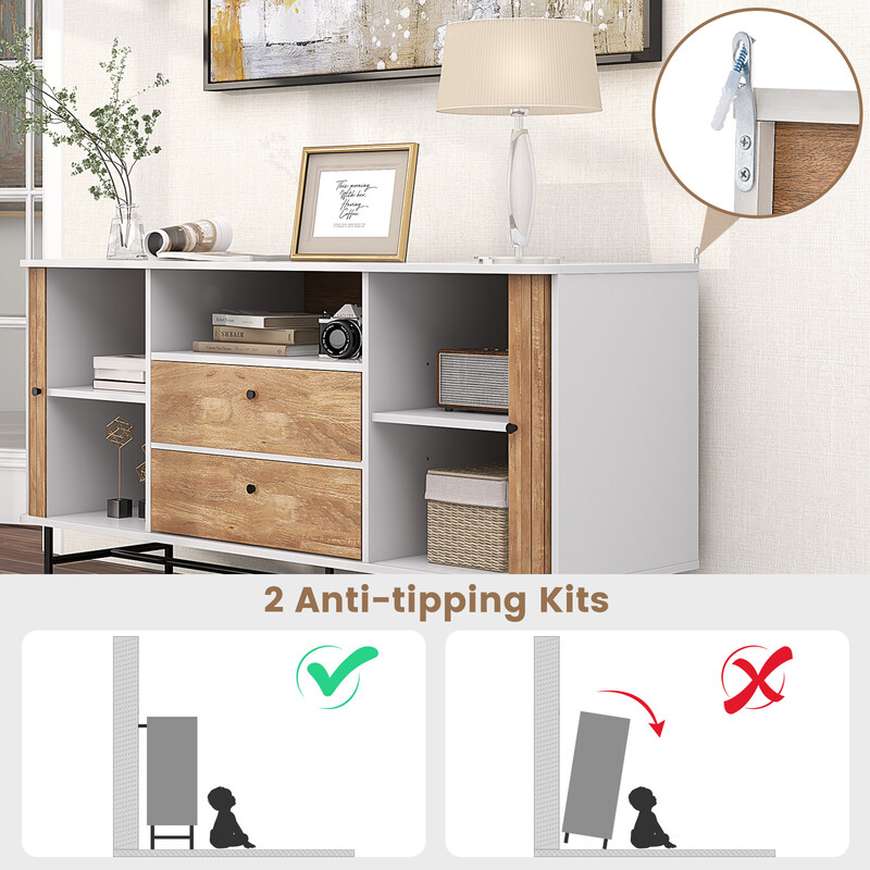 Buffé-sideboard hvid eg 150x45x74 cm med 5 hylder og 2 skuffer