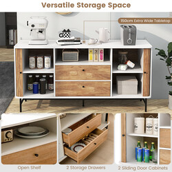 Buffé-sideboard hvid eg 150x45x74 cm med 5 hylder og 2 skuffer