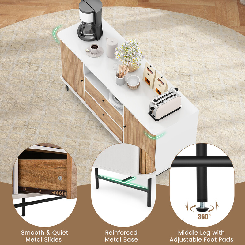 Buffé-sideboard hvid eg 150x45x74 cm med 5 hylder og 2 skuffer