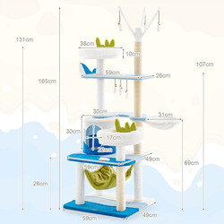 Kattetræ med marint tema blå sisal og teddy fleece 59x49x165 cm