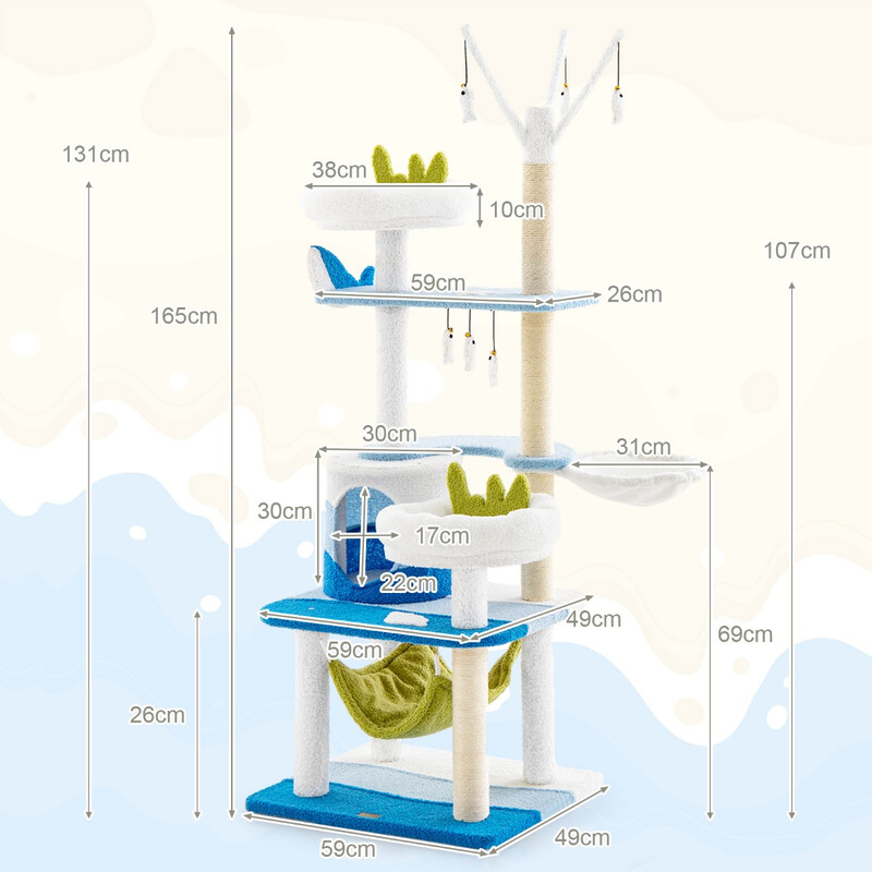 Kattetræ med marint tema blå sisal og teddy fleece 59x49x165 cm