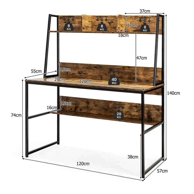 Skrivebord træ/metal 120x57 cm med bogreol og justerbare fødder