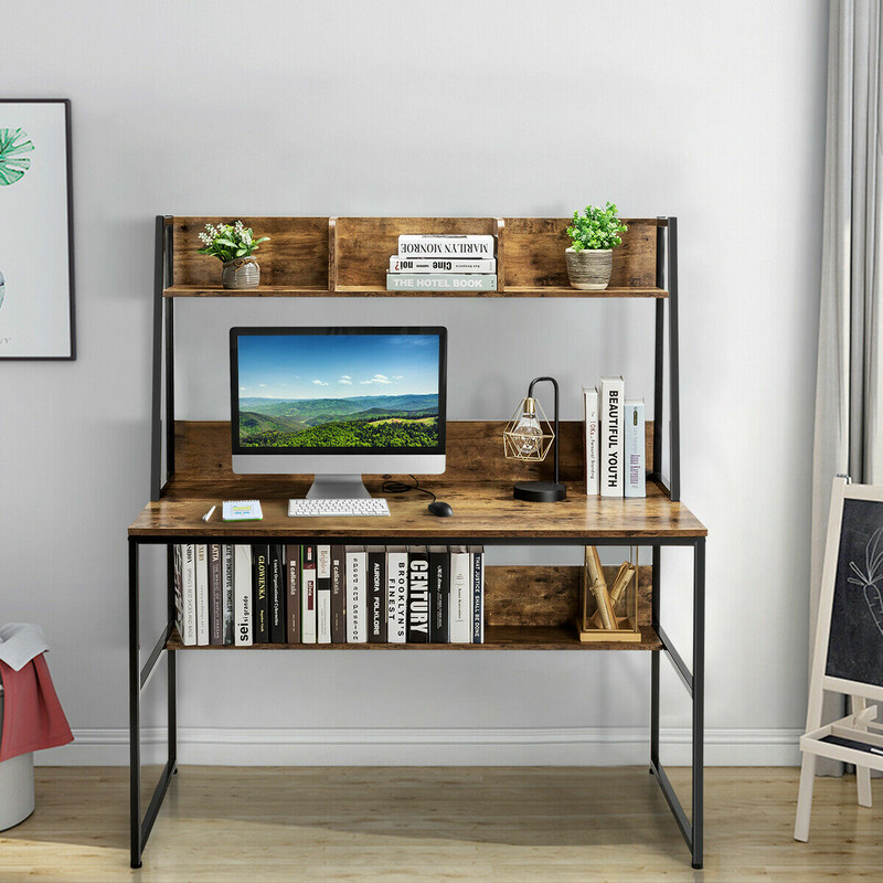 Skrivebord træ/metal 120x57 cm med bogreol og justerbare fødder