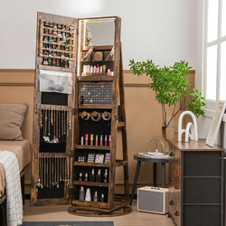 Smykkeskab MDF landlig brun 54x161 cm roterende helkropsspejl LED belysning