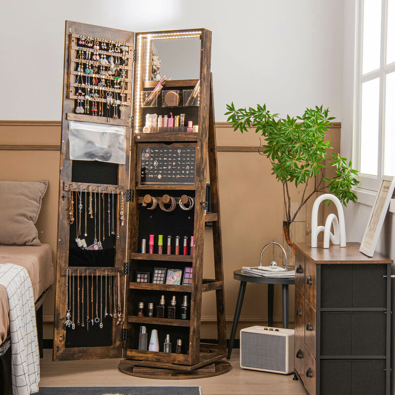 Smykkeskab MDF landlig brun 54x161 cm roterende helkropsspejl LED belysning