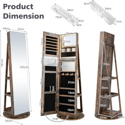 Smykkeskab MDF landlig brun 54x161 cm roterende helkropsspejl LED belysning