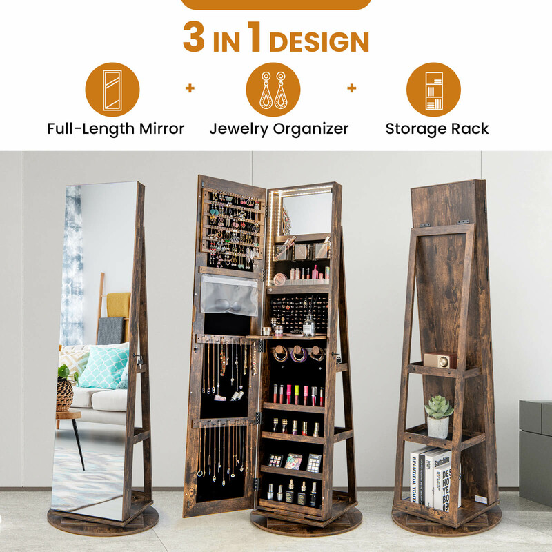 Smykkeskab MDF landlig brun 54x161 cm roterende helkropsspejl LED belysning