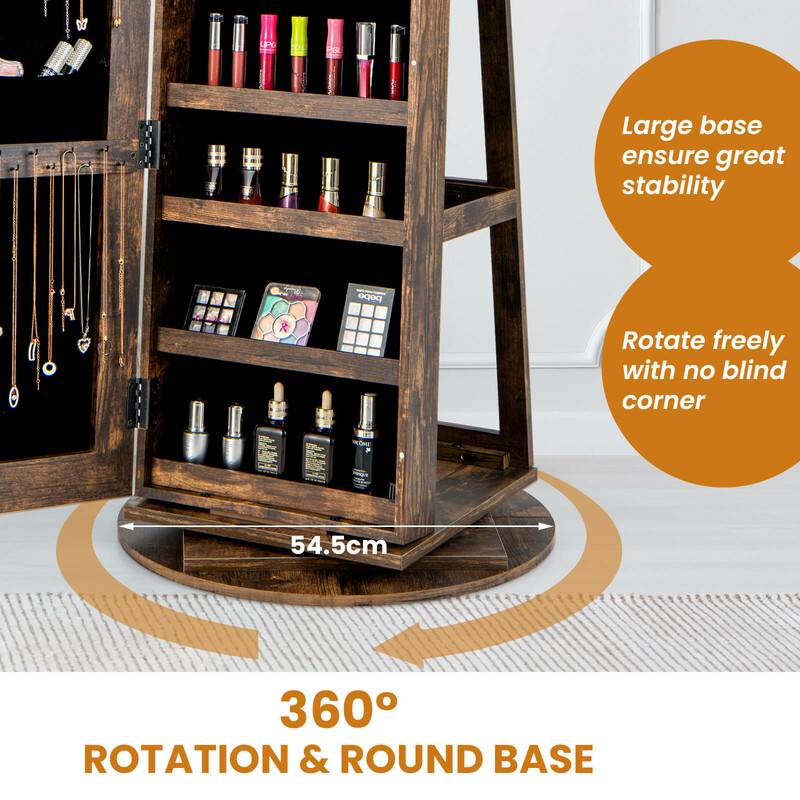 Smykkeskab MDF landlig brun 54x161 cm roterende helkropsspejl LED belysning