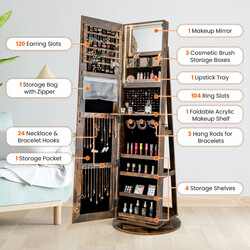 Smykkeskab MDF landlig brun 54x161 cm roterende helkropsspejl LED belysning