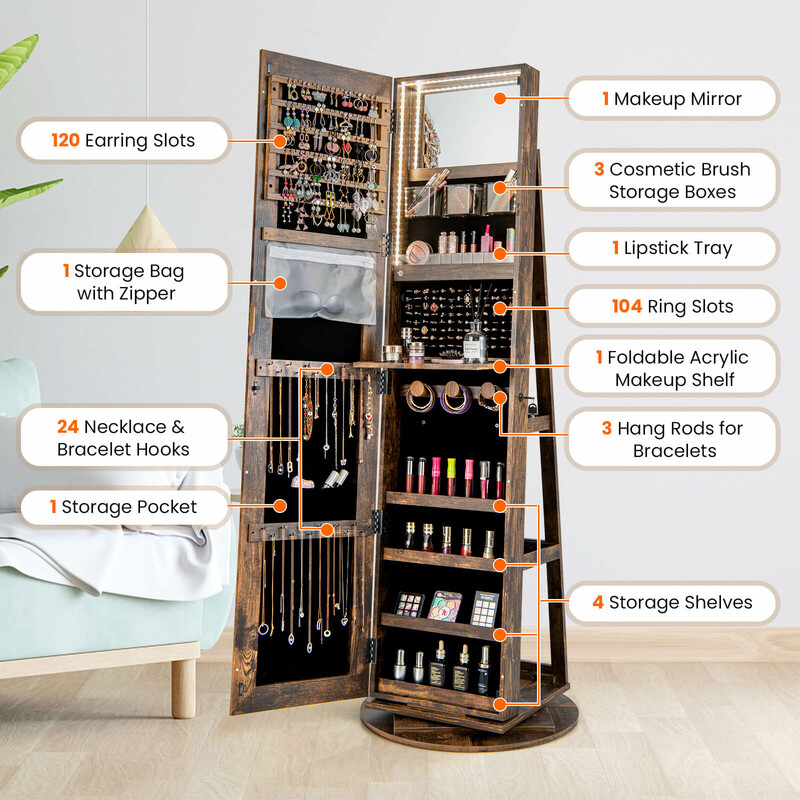 Smykkeskab MDF landlig brun 54x161 cm roterende helkropsspejl LED belysning