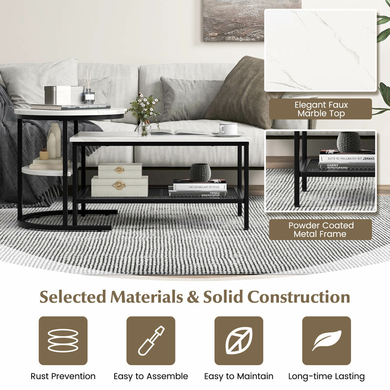 Sofabordssæt sort-hvid kunstlæder med metalramme 80x46 cm og 52x52 cm