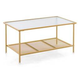 Sofabord metal hærdet glas guld 90x50x46 cm to niveauer opbevaring
