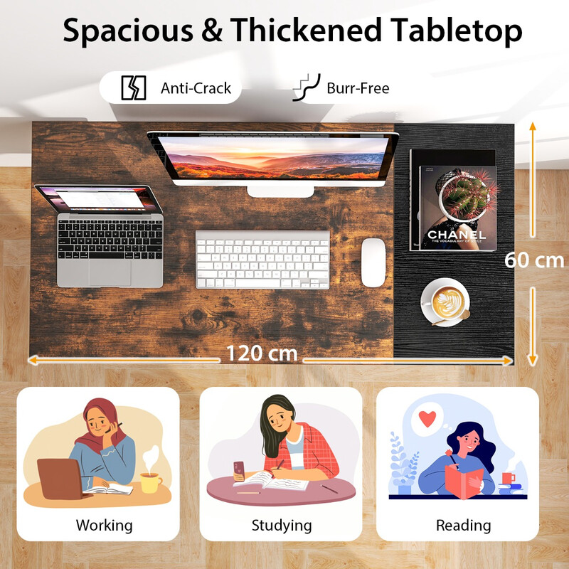 Skrivebord 120 cm rustik træ og metal med 2 skuffer og hylde