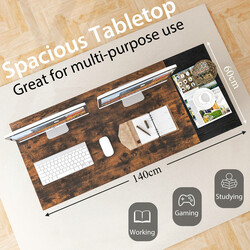 Skrivebord 140 cm rustik træmetal med 2 skuffer hylde og hovedtelefonkrog