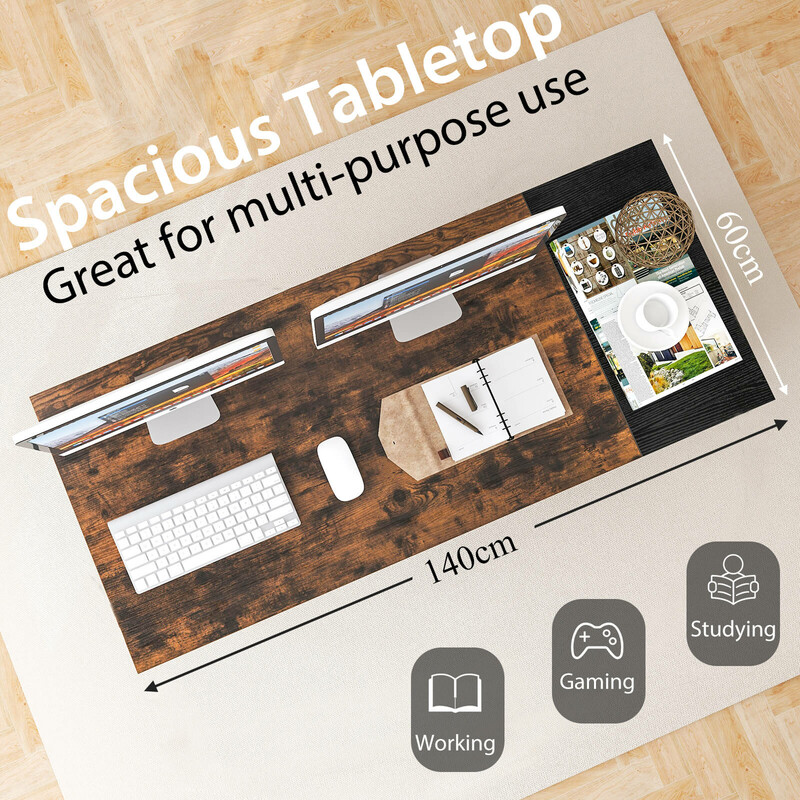 Skrivebord 140 cm rustik træmetal med 2 skuffer hylde og hovedtelefonkrog