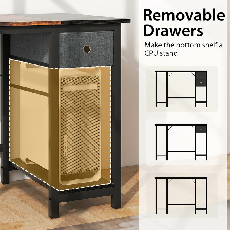 Skrivebord 140 cm rustik træmetal med 2 skuffer hylde og hovedtelefonkrog