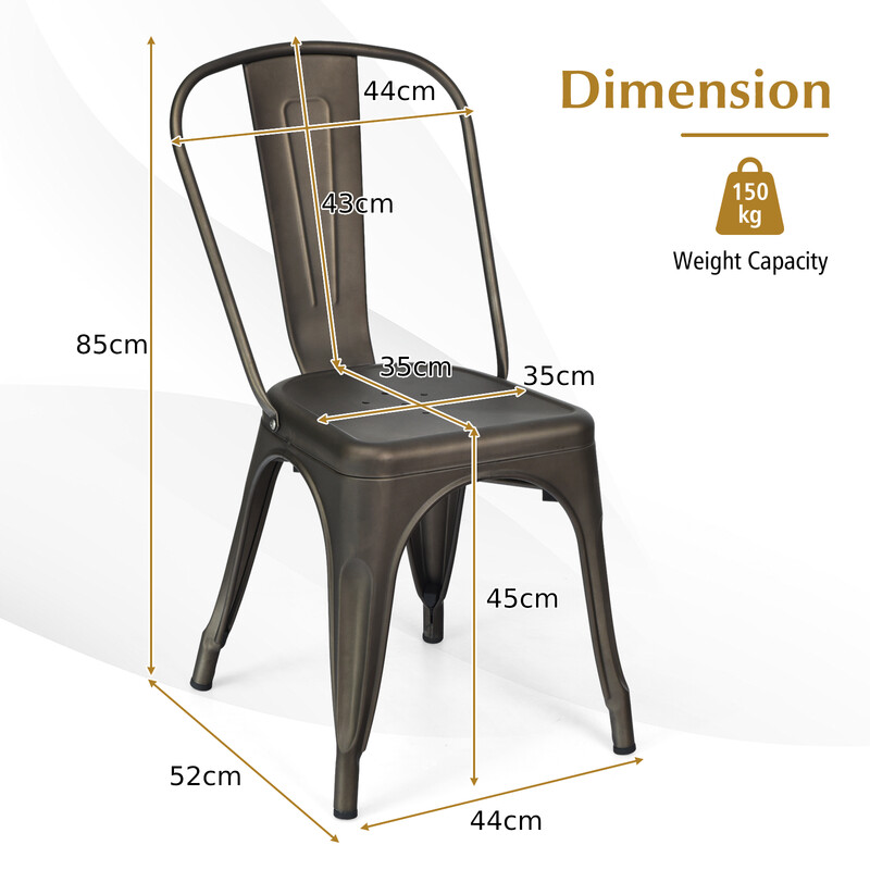 4 stabelbare metalstole med rygstøtte grå-sort 43 cm siddehøjde