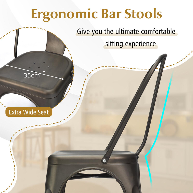 4 stabelbare metalstole med rygstøtte grå-sort 43 cm siddehøjde