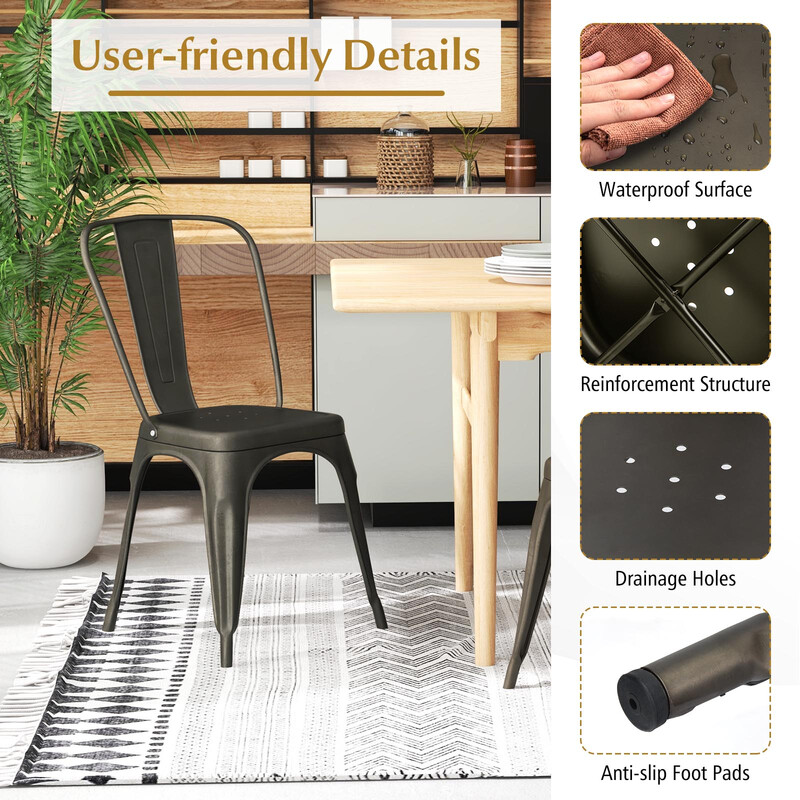 4 stabelbare metalstole med rygstøtte grå-sort 43 cm siddehøjde