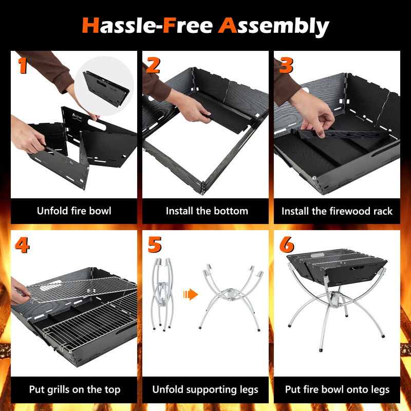 3-i-1 ildsted rustfrit stål 45x45x49 cm med 3 grillriste bæretaske og handsker