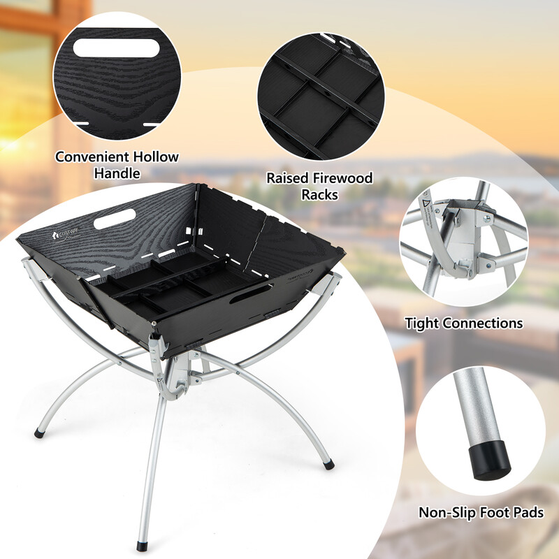 3-i-1 ildsted rustfrit stål 45x45x49 cm med 3 grillriste bæretaske og handsker