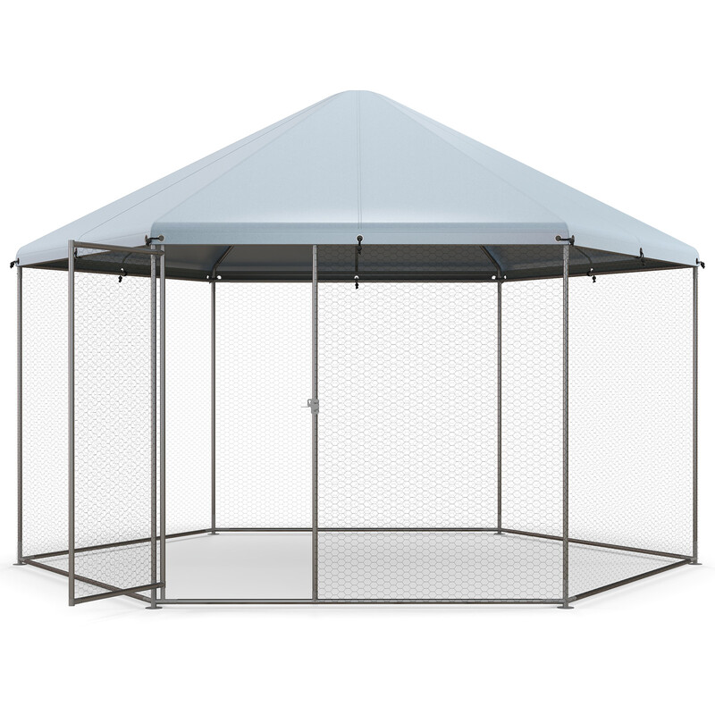 Metallhønsebur galvaniseret stål 280x244x250 cm med låsbar dør vejrbestandigt oxford‑stof