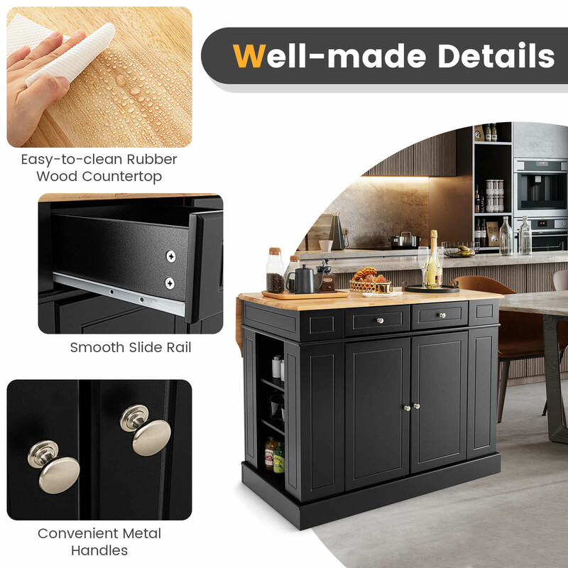 Køkkenø sort gummivæg 120x61x92 cm med udtrækkelig arbejdsflade og opbevaring