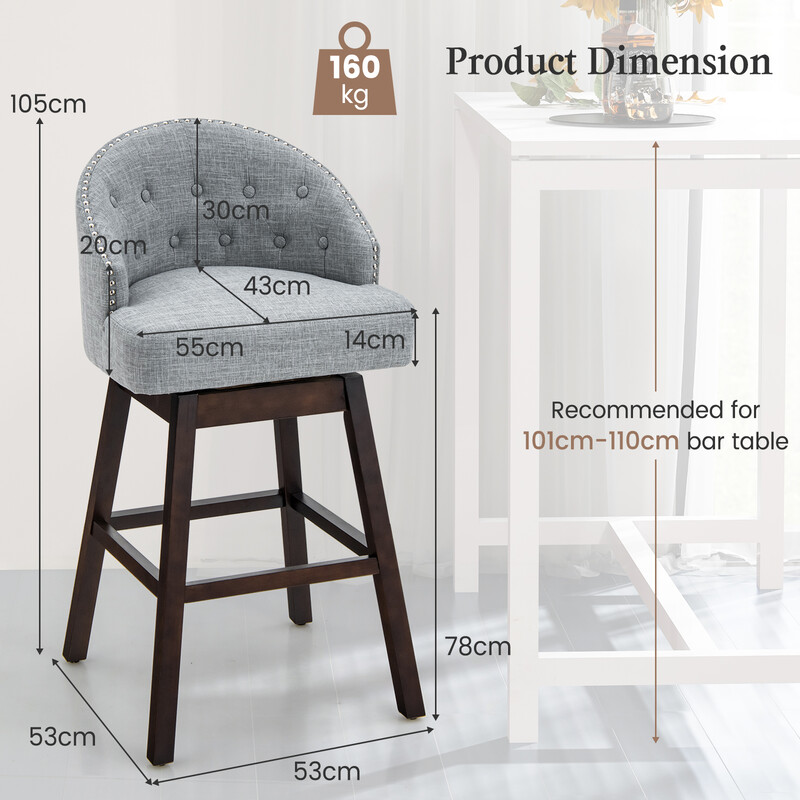 Barstole 2‑pakke grå drejelige med rygstøtte 160 kg kapacitet