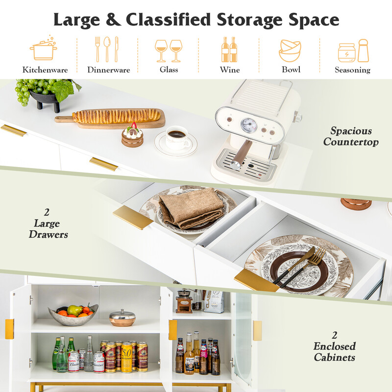 Buffetskab hvid MDF med glasdøre og metalben 120x40x88 cm